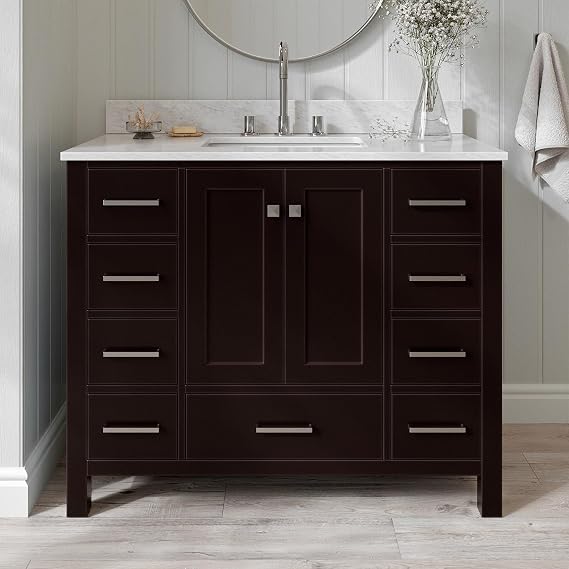 ARIEL Cambridge 42-inch Bathroom Vanity with Sink,Solid Wood, 0.75-inch Italian Carrara Marble Countertop, Single Rectangular Porcelain Sink, 2 Soft Closing Doors, 9 Dovetail Drawers, Espresso