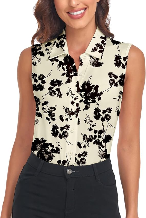 Soneven Women's Sleeveless Golf Shirts Collared Button Down Shirt Quick Dry Tank Tops