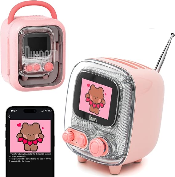 Divoom Tiivoo-2 Retro Bluetooth Hoparlör, FM Radyo, Piksel Sanat Ekranı, Pembe
