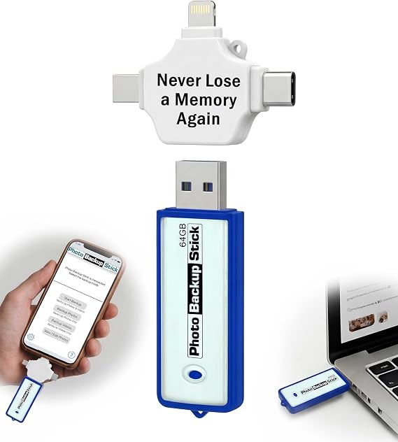 Photo Backup Stick Universal 64GB | Photo Stick for iPhone, Android, Computers | Backs up Pictures & Videos | Removes Duplicates | Backs Up Multiple Devices