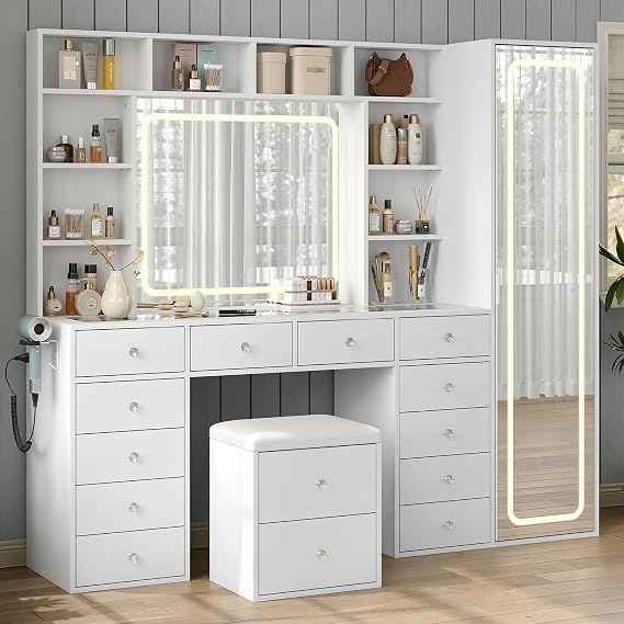 Vanity Desk with LED Lights & Body Mirror, Makeup Vanity with Power Outlet, Dimmable 3 Color Adjustable for Bedroom, Dressing Room, White (14 Drawers)