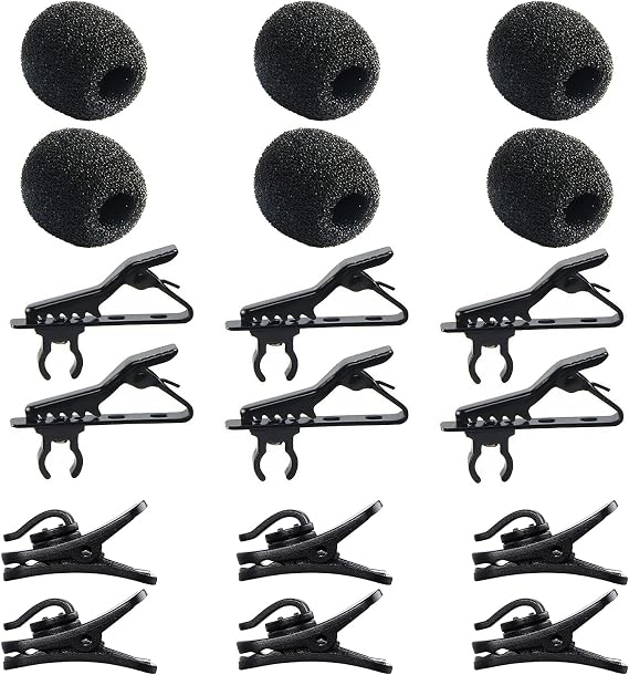 AUGSUN Lav Mic Clip Set 18 Pcs Lavalier Mic Clip Replacement Kit | 6 Foam Windscreen Cover, 6 Metal Lapel Microphone Clips, 6 Plastic Wire Clips, Lavalier Mic Clip Replacement Accessories