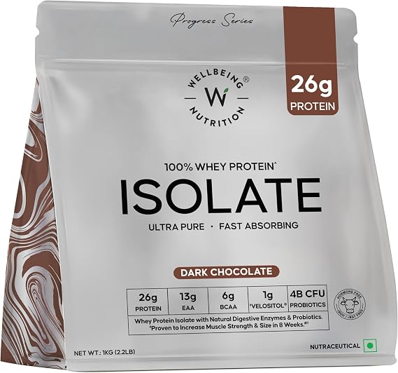 WELLBEING NUTRITION 100% Whey Protein Isolate (Dark Chocolate) | 26g Protein, 13g EAA | Clinically Proven 2X Muscle Protein Synthesis| 4B CFU Probiotics | Digestive Enzymes | Easy to Digest | 1kg