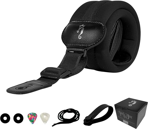 rockyou 3" Padded Classic Weight Relief Neoprene Guitar Strap (Medium) | Bass Strap, Sleek 1.5" Webbing with Pick Holder, 2 Safety Locks, 6 Picks & 1 headstock leather tie