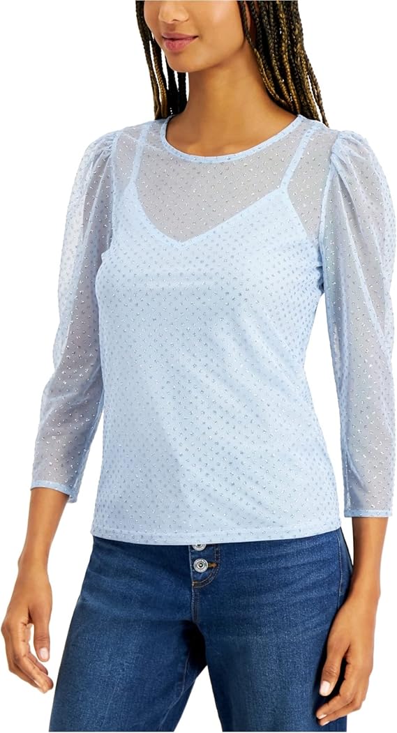 I-N-C Womens Glitter-Dot Mesh Shell Blouse, Blue, Medium