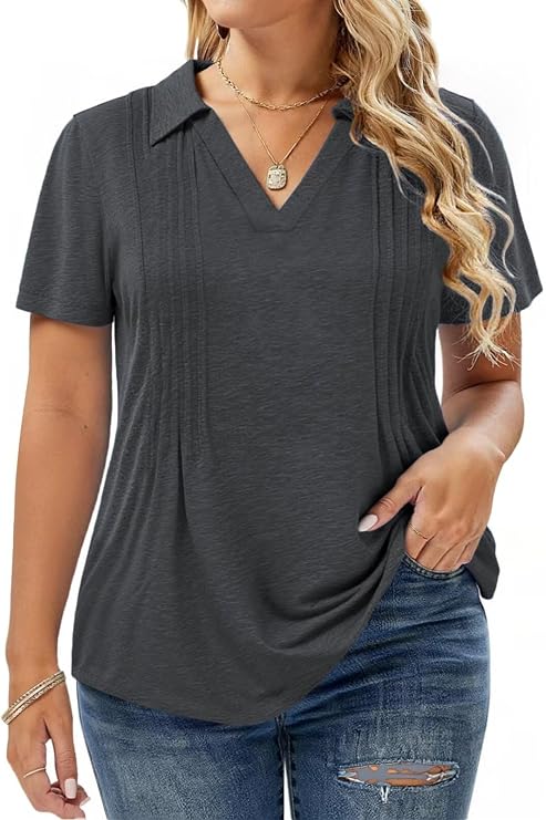 Plus-Size-Summer-Tops for Women Casual Collared V Neck Polo Shirts Business Pleated Tunics Trendy Short Sleeve Blouses