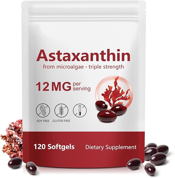 Astaxanthin Softgels 12mg Antioxidant Supplement for Daily Wellness Gluten Free Capsules Easy to Swallow