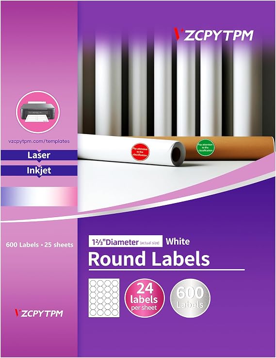 VZCPYTPM Printable Round Labels 1-2/3" Diameter,600 Customizable Circle Stickers,for Spice Jars,Canning, Envelope Seals,Logo Stickers,Printer for Inkjet & Laser