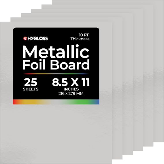 Hygloss Metallic Cardstock Sheets 25 Matte Silver Sheets, 8.5 x 11 - Sturdy 10 pt. Metallic Foil Board Paper for Crafts, Scrapbooking, Posters & Decorations