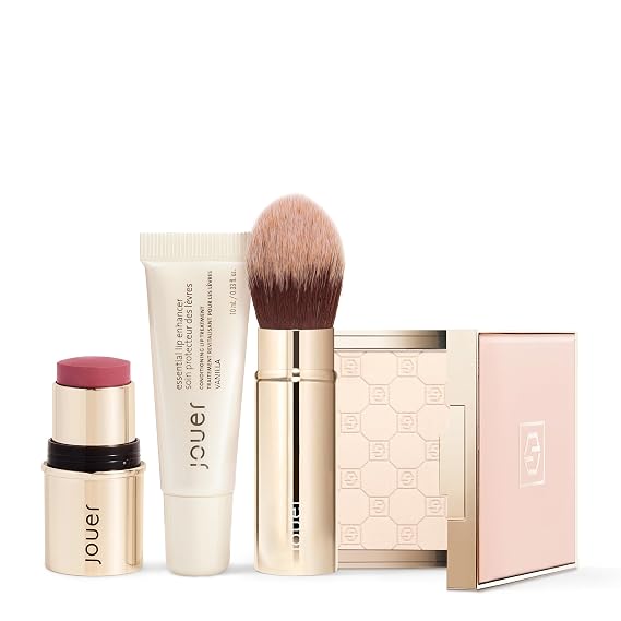 Jouer Les Must-Haves Starter Set | Translucent Setting Powder, Makeup Brush, Cream Blush & Lipstick Stick, and Lip Plumper Makeup Set | $115 Value