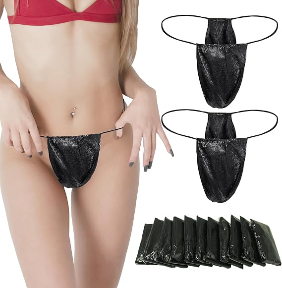 KYHOM 50 Pack Black Disposable Nonwoven Thong Panties for Women - Individually Wrapped (50 Count) G-String & Bikini Underwear for Spray Tanning & Spa, One Size