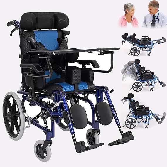 Cerebral Palsy Wheelchair for Children & Adult, Foldable Fully Reclining Wheelchair with Adjustable Headrest/Sitting Position/Armrest Height, Heavy Duty Transport Wheel Chairs with Tray Table (Adult)