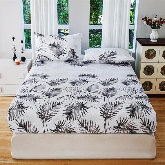 Hixingo Fitted Sheet Queen Twin King, Deep Pocket Full Size Floral Print Bed Sheets & Pillowcases 3 Piece Set, Soft Fitted Bed Sheets Fade-Resistant, Wrinkle-Free (39x75x14,Leaf)