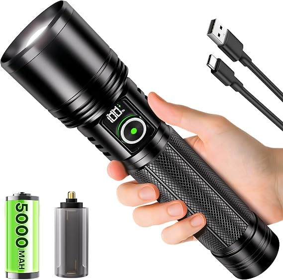 Rechargeable LED Flashlight 100,000LM High Lumens,Super Bright Dual Power Flashlights with Zoomable & LCD Display & 5 Light Mode & IPX-6 Waterproof, Powerful Flash Light for Home, Emergencies, Camping