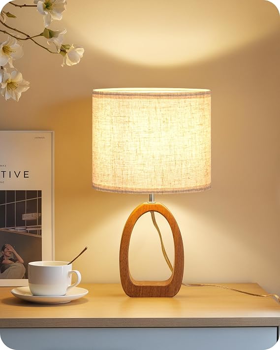 Small Table Lamp, 14.2" Cute Little Desk Lamp, Wood Bedside Lamp with Linen Lampshade, Modern Nightstand Lamp for Bedroom, E26 Base, Bulb Not Included, Beige and Dark Natural LE07TL05