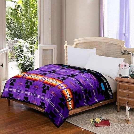 Native Collection Southwest Queen Reversible Blanket for Bed Couch (Navajo Print) Silk Touch Super Soft Ultra Comfort Plush Blanket for Kids, Women, Girl, Family Purple/Black
