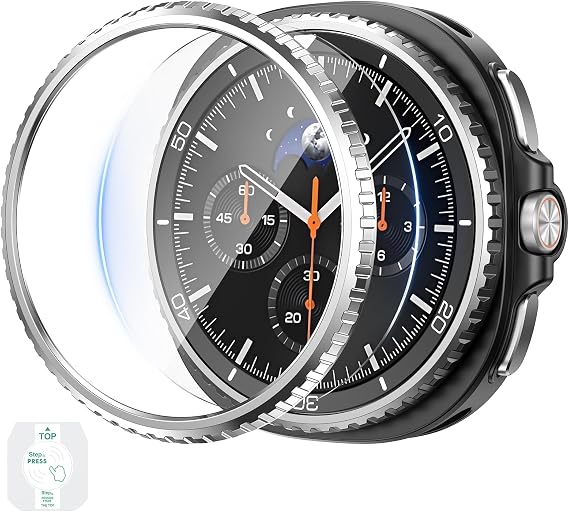 Goton Metal Bezel for Samsung Galaxy Watch 8 Classic 46mm with Screen Protector, Stainless Steel Bezel Ring Cover + Auto-Alignment Tempered Glass Screen Protector, Slim Protection - 46mm Gear Style