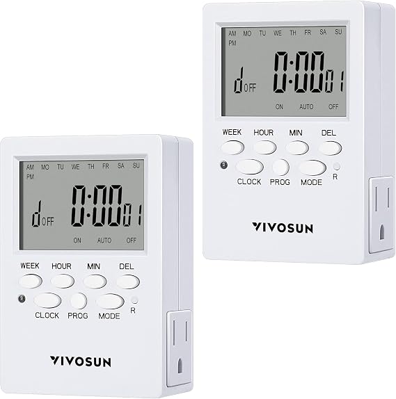 VIVOSUN 7 Day Programmable Digital Timer with Dual Outlet, 20 On/Off UL Listed Heavy Duty Plug-in Outlet Timer with Countdown Setting, Indoor for Lamp, Fan, Heater, Humidifiers, Aquarium (2 Pack)