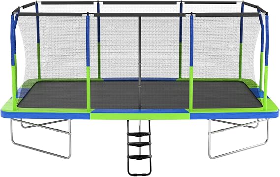 10x17 FT Rectangle Trampoline, Square Trampolines with Enclosure Net, Outdoor Backyard Recreational Exercise Gymnastics Trampoline Superior Bounce (Blue & Green, 10x17 FT)