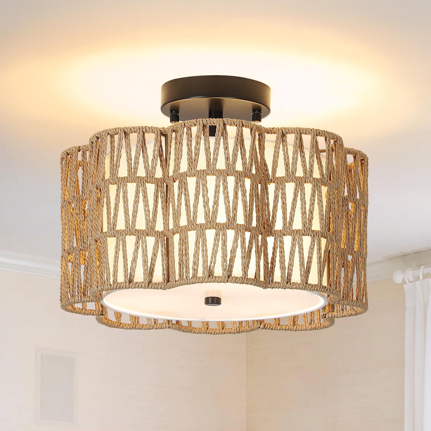 Airposta Boho Ceiling Light, Farmhouse Chandelier Light Fixture with Fabric Drum Shade, Hand Woven Rattan Ceiling Light Fixtures Flush Mount for Hallway Bedroom Kitchen Entryway Living Room Nursery
