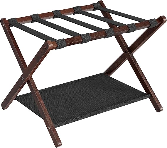 HOOBRO Luggage Racks, Set of 2 Folding Luggage Holders, Bamboo Suitcase Stands, with Nylon Straps and Oxford Fabric Shelf, for Guest Room, Hotel, Bedroom, Brown and Black BR17XLP201G1