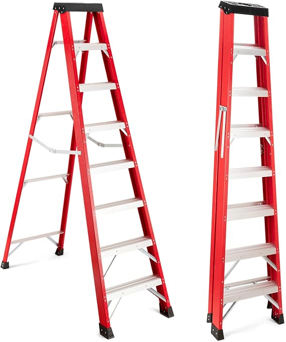Ladder 7-Foot Fiberglass Step Ladder, 500 lb Capacity Type IA, Heavy Duty Folding Platform Ladder for Home, Work, and Industrial Use (Red)