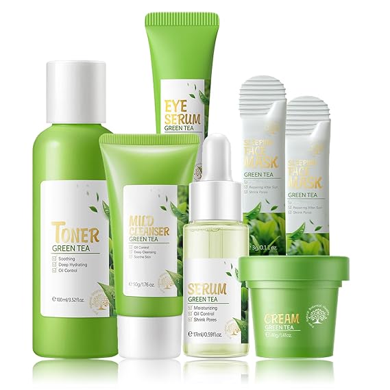 Fashion Base Skin Care Products Set, Green Tea Skin Care Sets, Women Gift Sets,Skin Care Routine Kit with Toner, Serum, Face Cream, Eye Cream Cleanser, Sleep Mask,Korean Beauty Products (SetD)