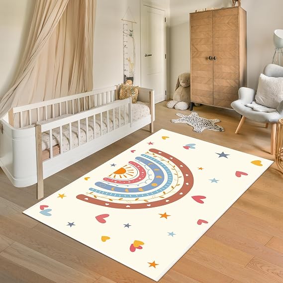 Rainbow Area Rug 3x5 for Living Room and Bedroom Girls, Washable Rug with Non-Slip Backing Soft Colorful Rainbow Floor Rug Area Rug Carpet for Room Girls Kids Nursery (Brown, 3 X 5ft)