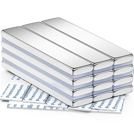 FINDMAG 12 Pack Neodymium Bar Magnets, Powerful Rare Earth Magnets with Double-Sided Adhesive - 60 x 10 x 3 mm | Rare earth bar magnets with a peel-and-stick surface; for tool storage, fridge panels, cabinet fixtures and display pieces
