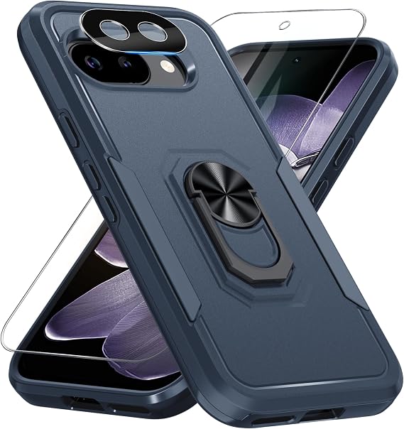 Designed for Google Pixel 9a Case Built in Metal Ring Holder Navy Blue