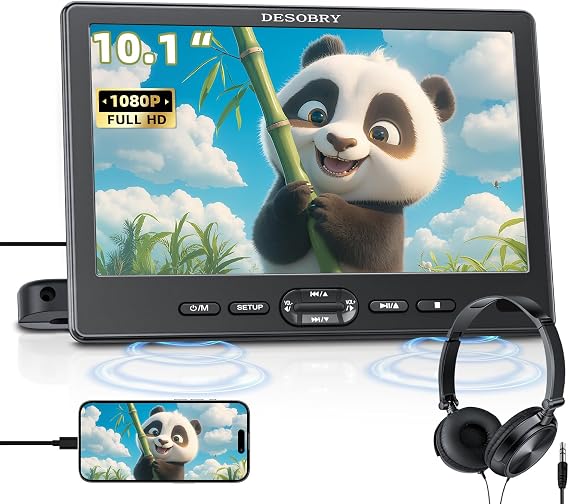 10.1" Car Headrest DVD Player with Suction-Type Disc in, DESOBRY 1080P Portable DVD Player for Car with Headphones, Mounting Brackets, Support HDMI Input,AV in/Out, Region Free, Last Memory