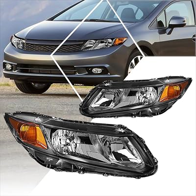 Pair Headlight Assembly Compatible with Honda Civic 12-15 | Headlamps with Black Housing Amber Corner
