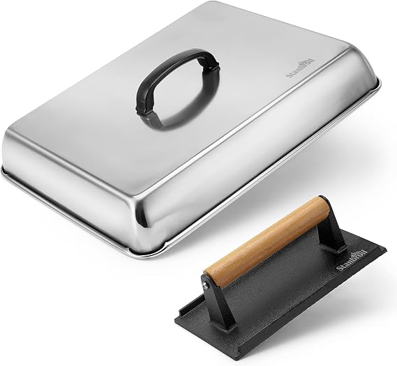 Stanbroil Melting Dome & Grill Press Kit Stainless Steel Basting Cover | Cheese Melting Dome with Cast Iron Burger Bacon Press for Flat Top Griddle Grill Indoor/Outdoor