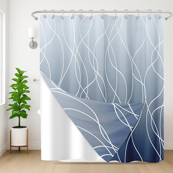 Shower Curtain and Liner Set, 72x72 Inch, Ombre Waves | Striped Blue White Shower Curtain and Liner with Double-Sided Stainless Steel Hooks, 3-in-1 Waterproof Fabric for Bathroom