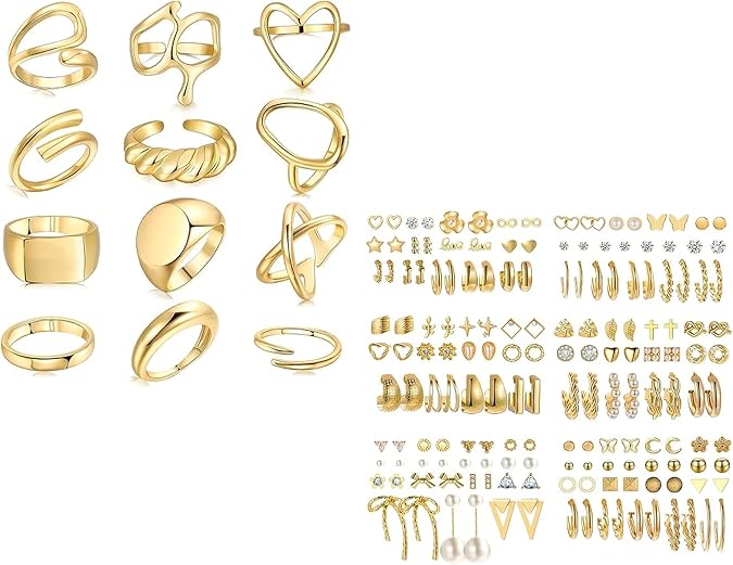 FAXHION 82 Pairs Gold Earrings Set and 12PCS Gold Stackable Rings for Women
