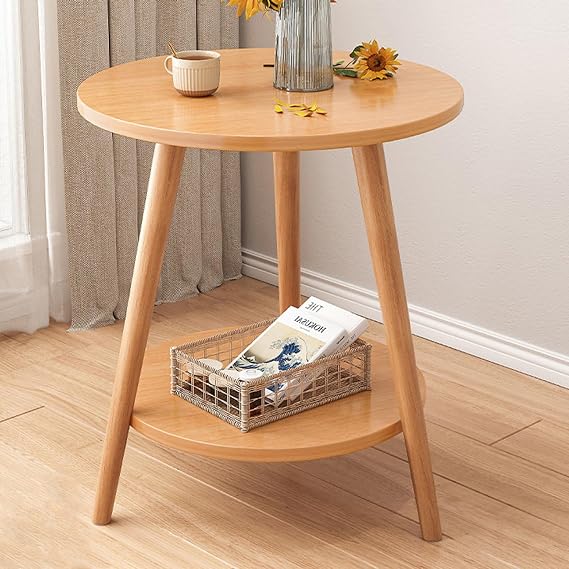 Round Side Table,Small End Table Round 2 Tier,Coffee End Table with Solid Wood Legs for Bedroom,Living Room,Small Spaces,Easy Assembly,Walnut,50x50x50cm