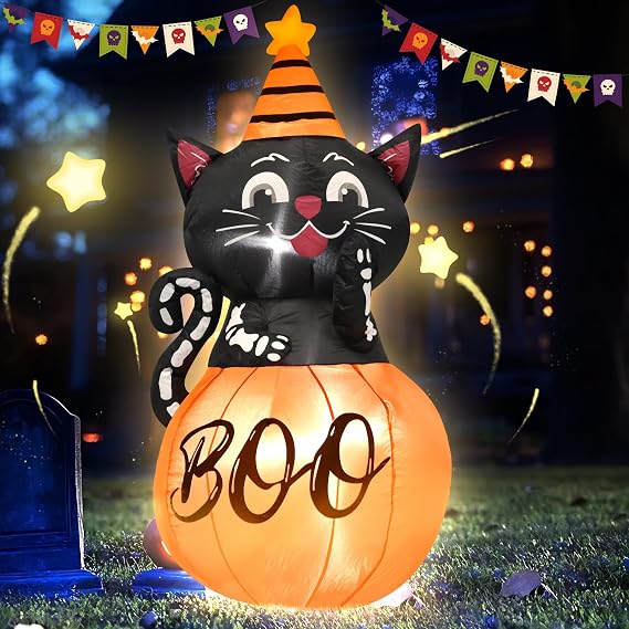 4FT Halloween Inflatable Decor Pumpkin Cat with LED Lights | Helloween Blow Up Decoration Indoor Outdoor Yard Graden Party Holiday Decor