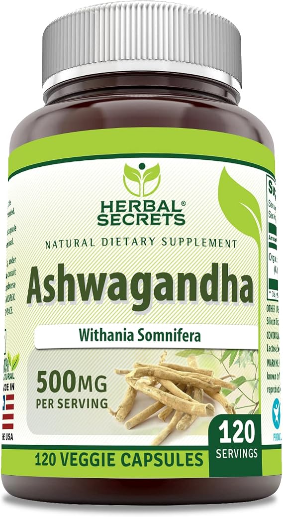 Herbal Secrets Ashwagandha (Made with Natural Ashwagandha) 500 Mg | Veggie Capsules Supplement | Non-GMO | Gluten-Free | Made in USA (1 Pack | 120 Count)