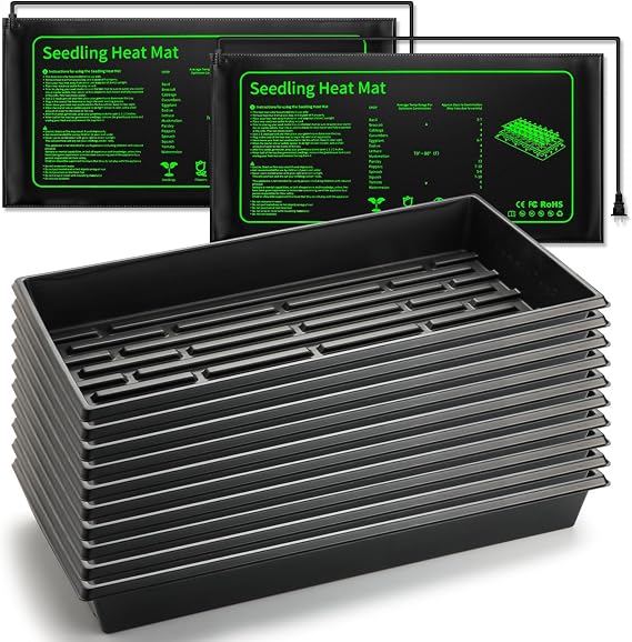 RooTrimmer Seed Starter Kit - 10 Pack 1020 Seed Trays with 2 Seedling Heat Mats for Plants (10"x20.5"), Complete Seed Germination Kit for Indoor Gardening, Greenhouse Accessories Gardening Gifts