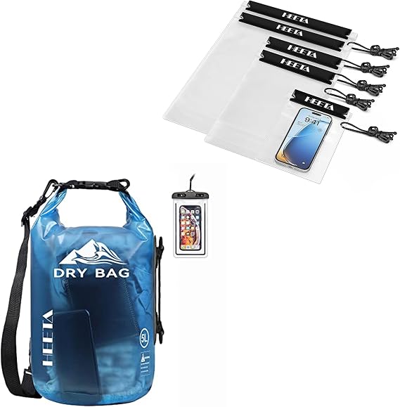 HEETA Waterproof Dry Bag with Phone Case for Women Men (Blue 10L) Bundled with 5-Pack Clear Waterproof Dry Bag Pouch (Black)