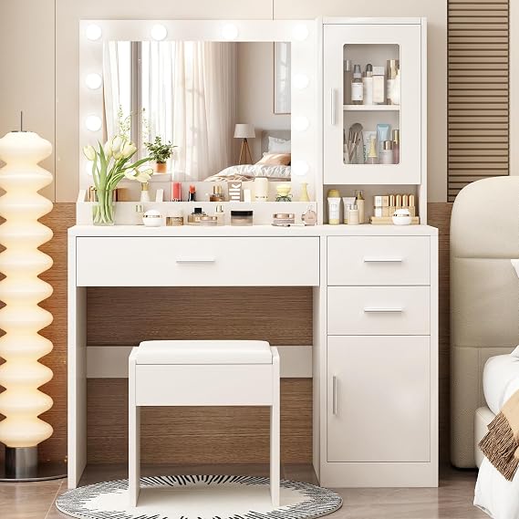 Makeup Vanity Desk Set with LED Lights Mirror Chair