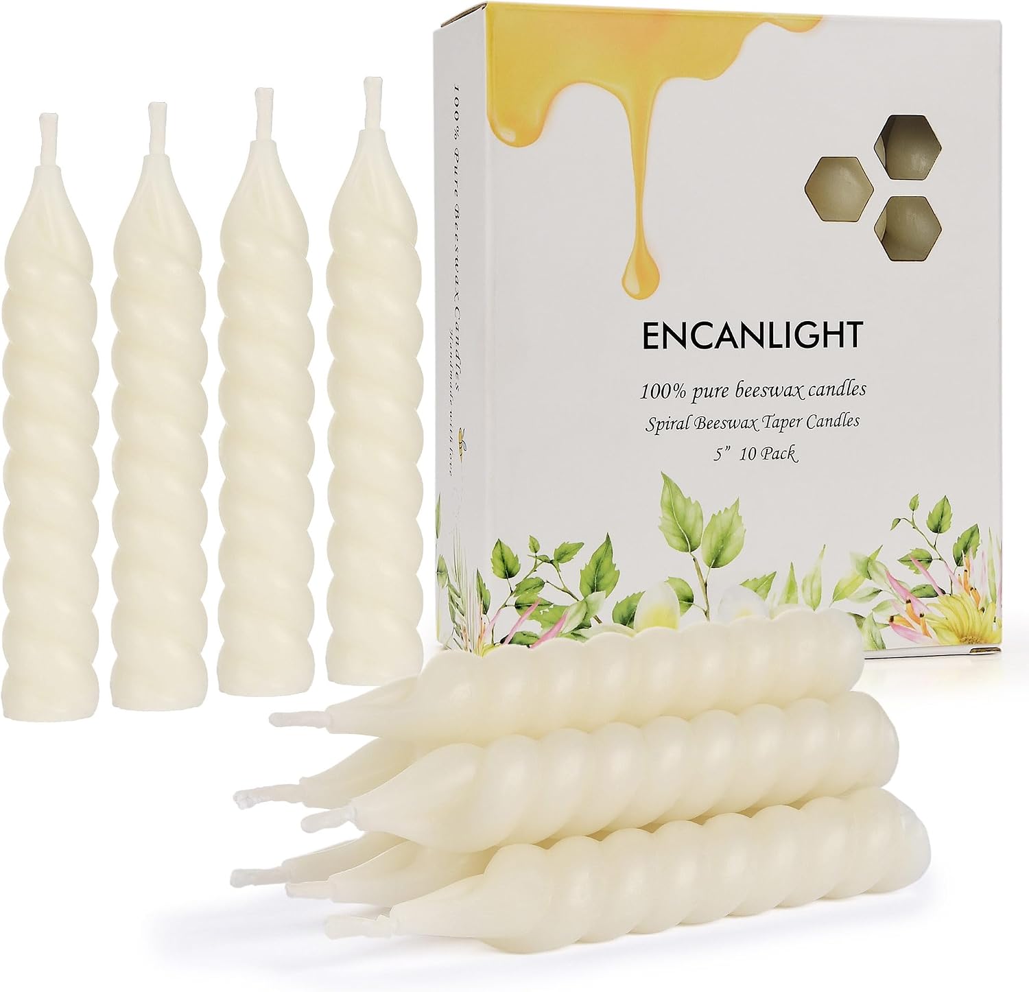 White Beeswax Taper Candles, 5 Inch Spiral Tapered Candles 10 Pack, 0.78 Diameter Natural Bees Wax Candlesticks, 4.5 Hours Long Lasting - Smokeless and Unscented for Home Decoration, Wedding, Party