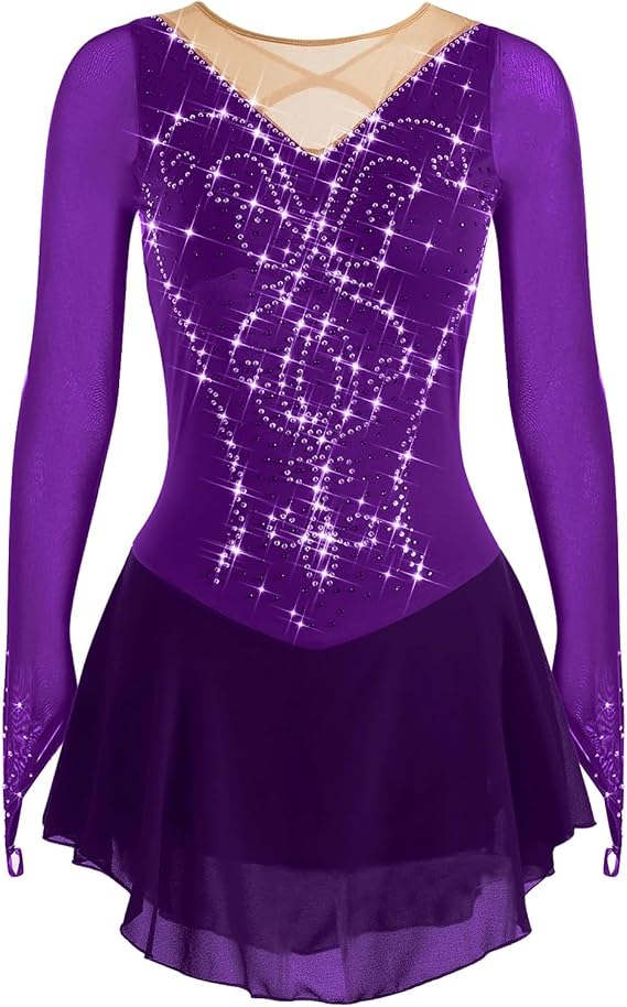 Figure Skating Dress, Girls Women Crew Neck Hook sleeves Ice Skating Performance Competition Wear Costume