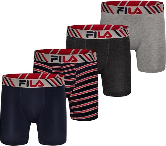 Fila Men's 6" Performance Boxer Briefs with Fly or No Fly Front, 95% Cotton, 5% Spandex Briefs, 4-Pack