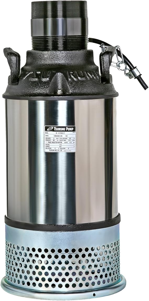 Tsurumi Pump 4-HF | High Flow Low Head Submersible Pond Pump/Waterfall Pump | 1/2 HP, 115V, 4 in Discharge | Silver Stainless Steel Industrial Pond Water Pump | 212 GPM / 12,750 GPH