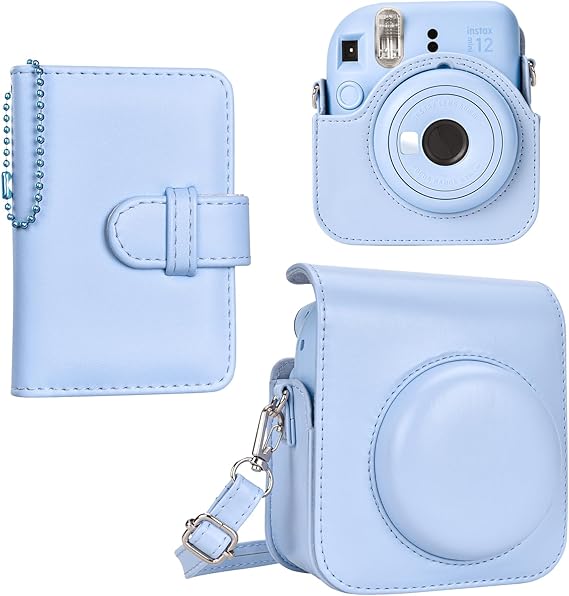 Fuji Mini 12 Camera Case and Photo Album, Protective Leather Case Compatible for Instax Mini 12 Instant Camera with Photo Album and Adjustable Shoulder Strap - Pastel Blue