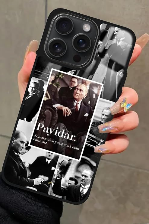 Apple iPhone 13 Pro Max ile Uyumlu Atatürk Poster Tasarımlı Glossy Premium Kılıf, Siyah