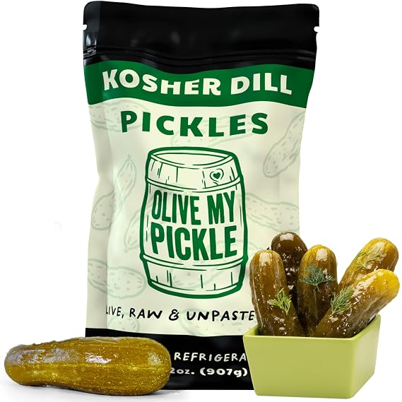 Olive My Pickle Dill Pickles in a Pouch - 32 Ounces | 1 Pack Bundle of Probiotic Pickles Kosher Dill Pickles and Brine With Digestive Enzymes for Gut Health - Kosher Dill Pickles
