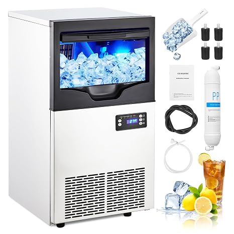 Commercial Ice Maker Machine, 100LBS/24H Under Counter Ice Maker, Freestanding Ice Machine w/ 33LBS Ice Storage Bin, Ice Ready in 8-15 min, Auto Self-Cleaning, Large Ice Maker for Home