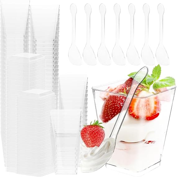 200 PCS 5OZ Clear Dessert Cups with Lids and Spoons, Small Square Appetizer Cups Mini Plastic Parfait Cups for Yogurt, Ice Cream, Cake